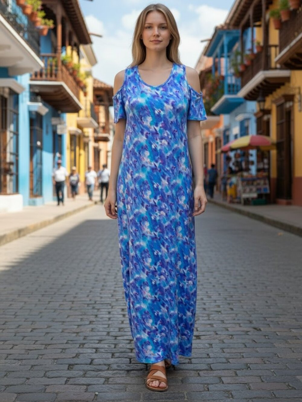 Caribbean Joe Women's Blue Multi Cold Shoulder Short Sleeve Maxi Dress M
